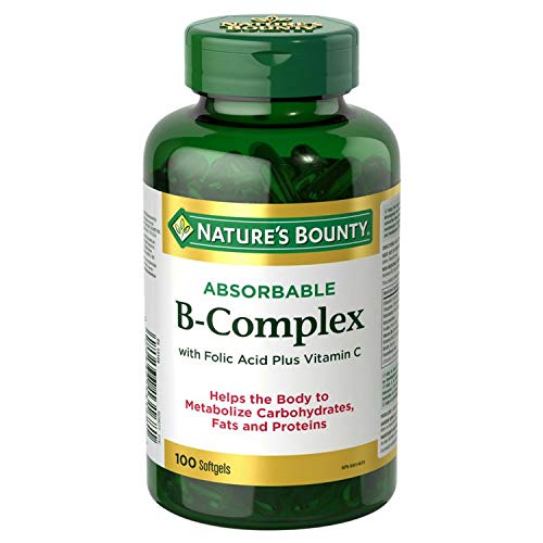 Botella de Nature's Bounty Absorbable B-Complex, apoyo al metabolismo de carbohidratos y proteínas.
