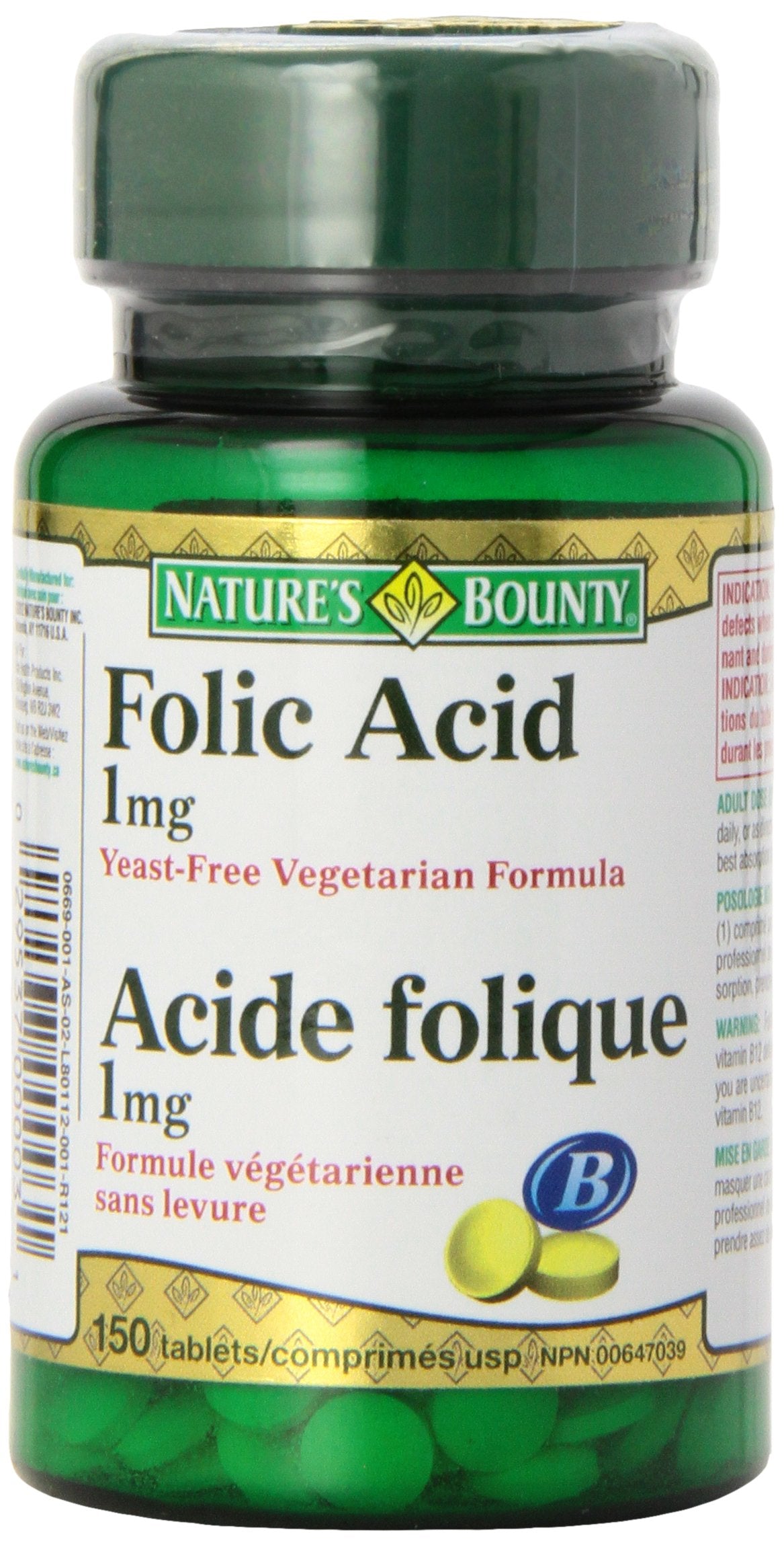 Nature's Bounty ácido fólico 1 mg, botella de tabletas para apoyo diario de la salud