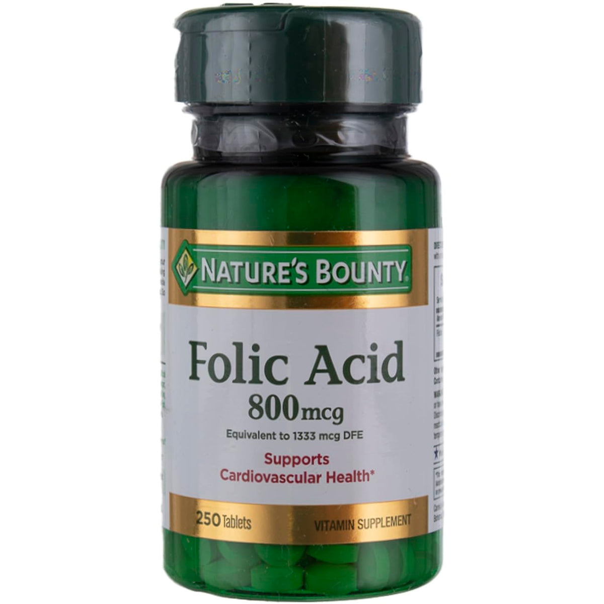 Nature's Bounty ácido fólico 800 mcg, botella de tabletas, apoyo diario para la salud general.