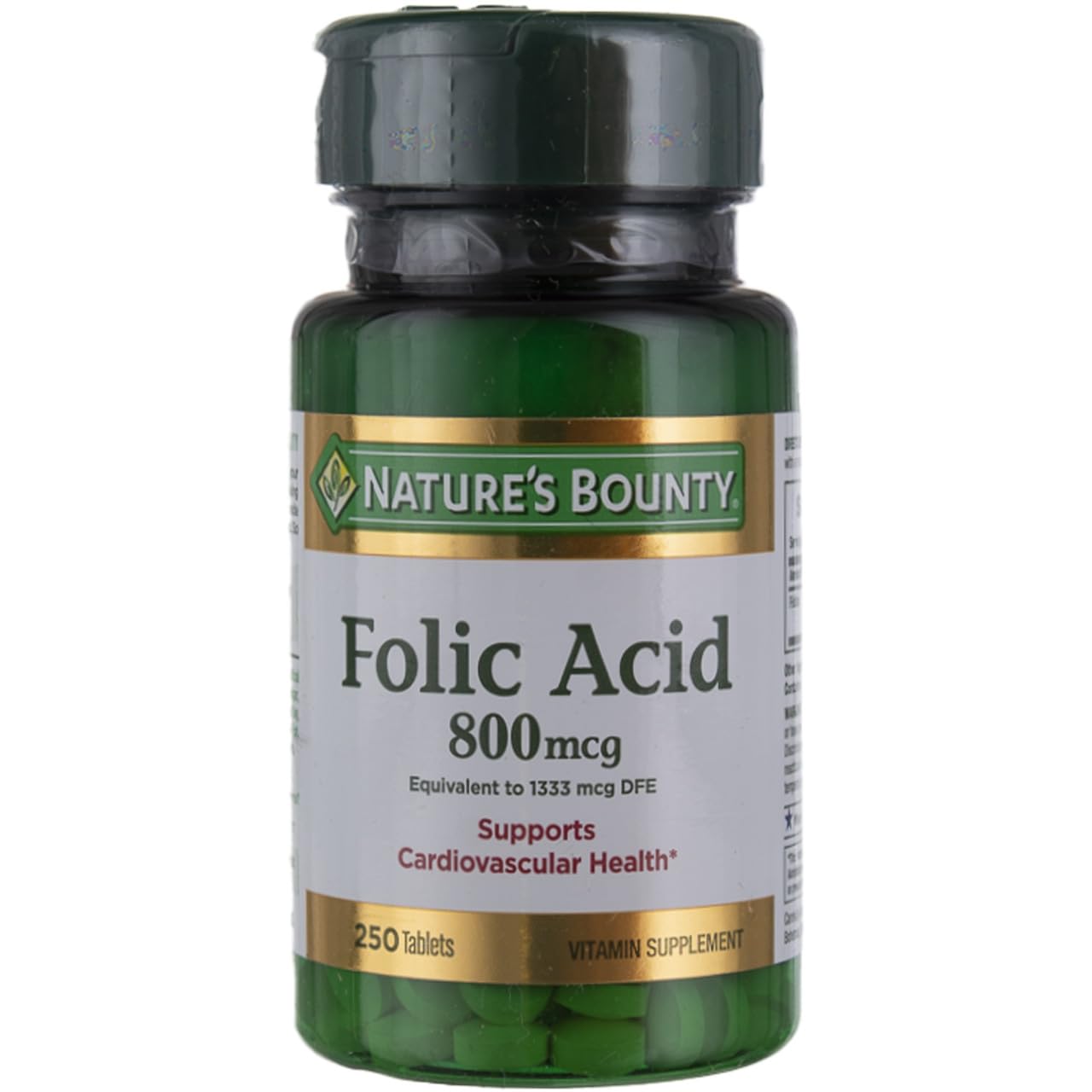 Nature's Bounty ácido fólico 800 mcg en botella, apoya la salud cardiovascular.