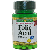Tabletas Nature's Bounty de ácido fólico 800 mcg para vitalidad y soporte celular