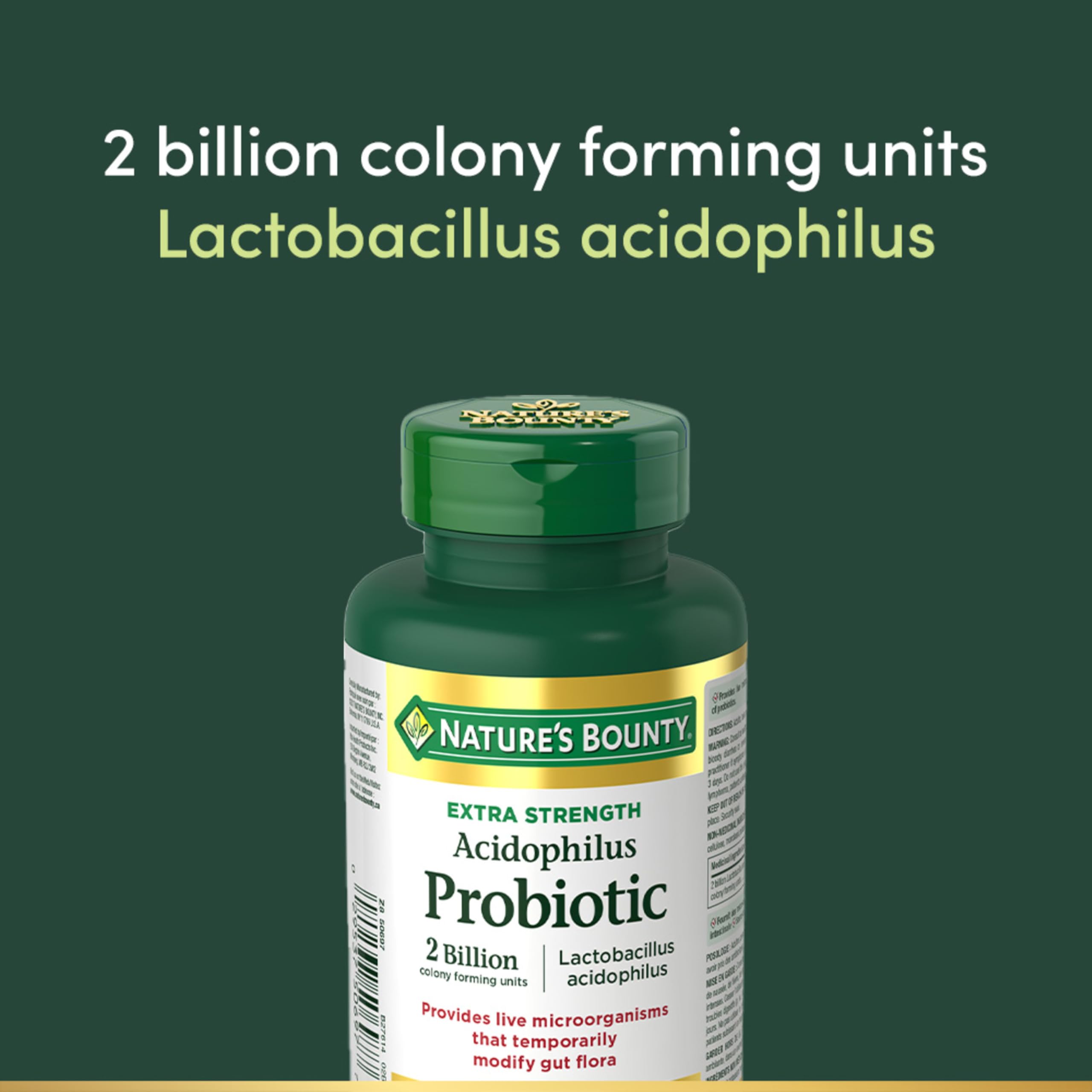 Nature's Bounty Acidophilus envase, microorganismos vivos apoyan la flora intestinal
