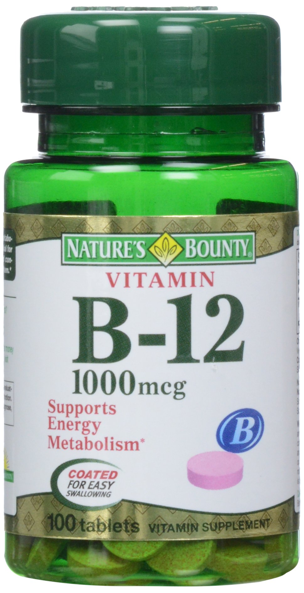 Nature's Bounty B12 1000 mcg, frente del envase, posible apoyo a la salud cardíaca.
