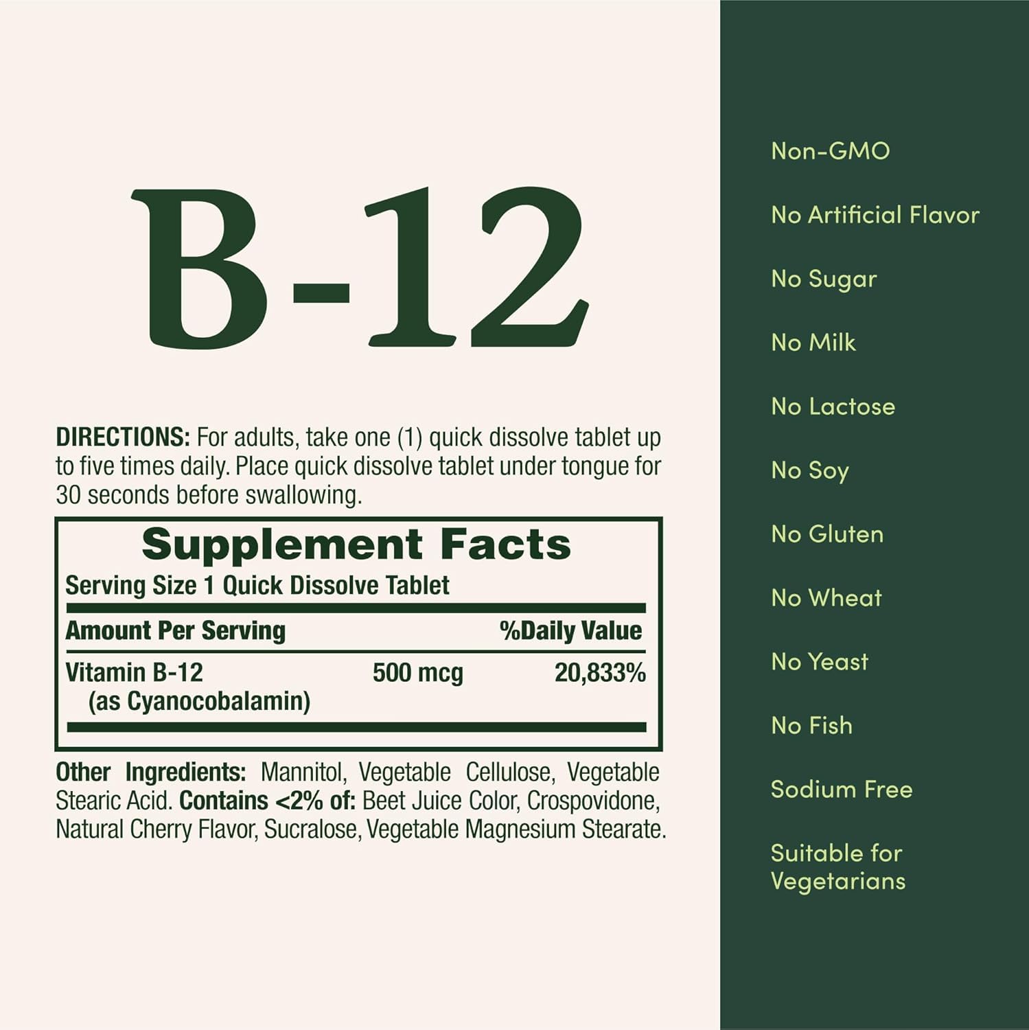 Nature's Bounty B12 500 mcg, tableta bajo la lengua favorece la absorción.