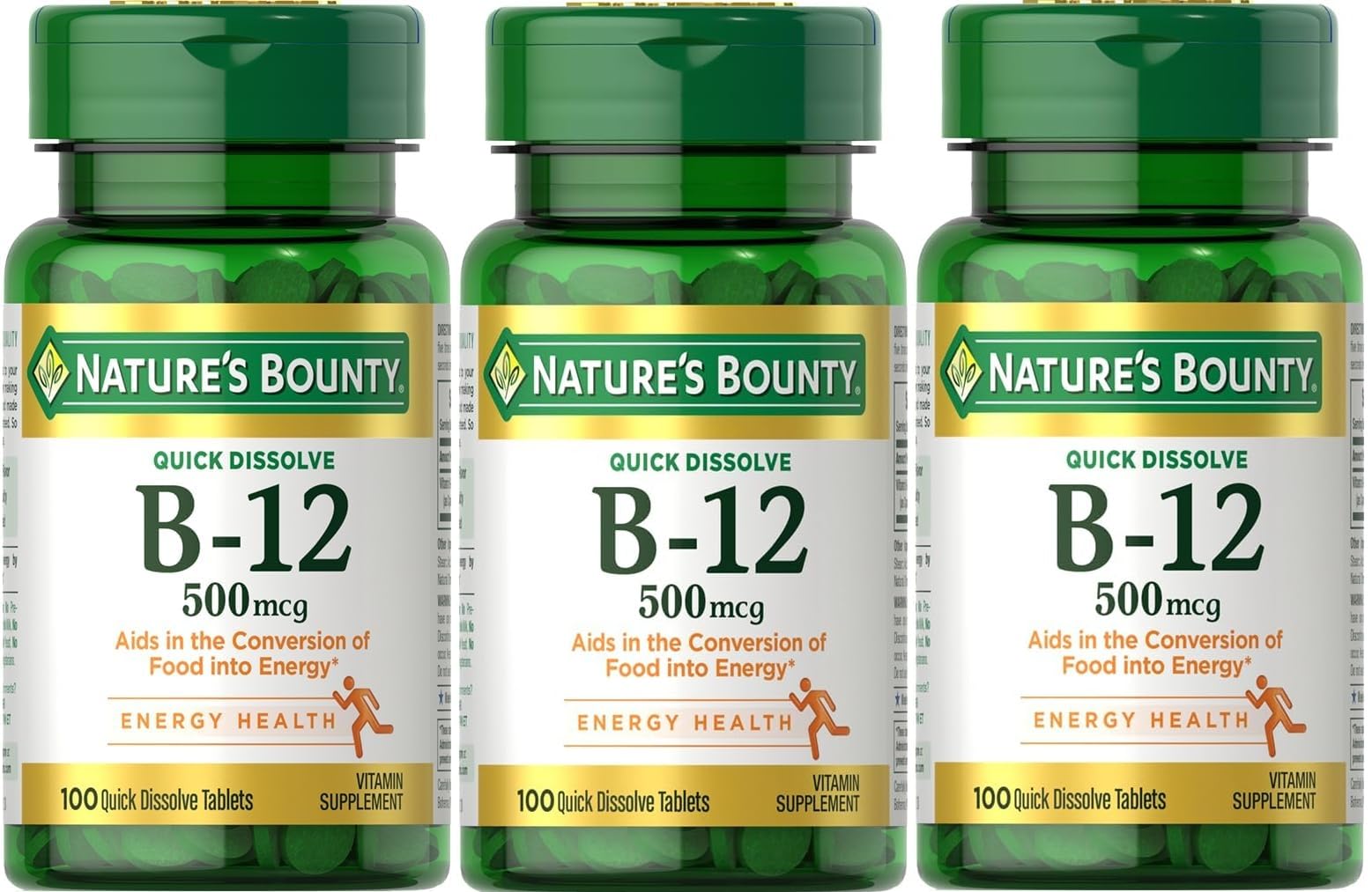 Nature's Bounty B12 500 mcg, tableta disolución rápida para uso diario.