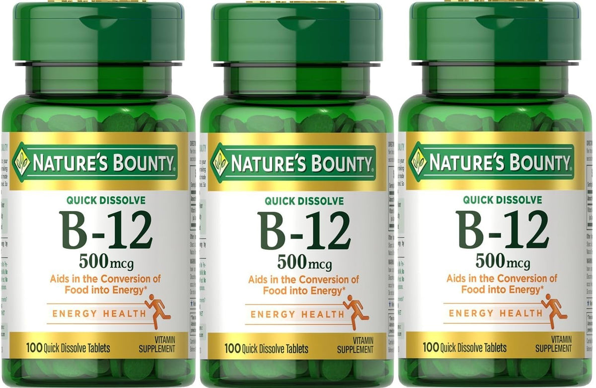 Nature's Bounty B12 500 mcg, tableta disolución rápida para uso diario.