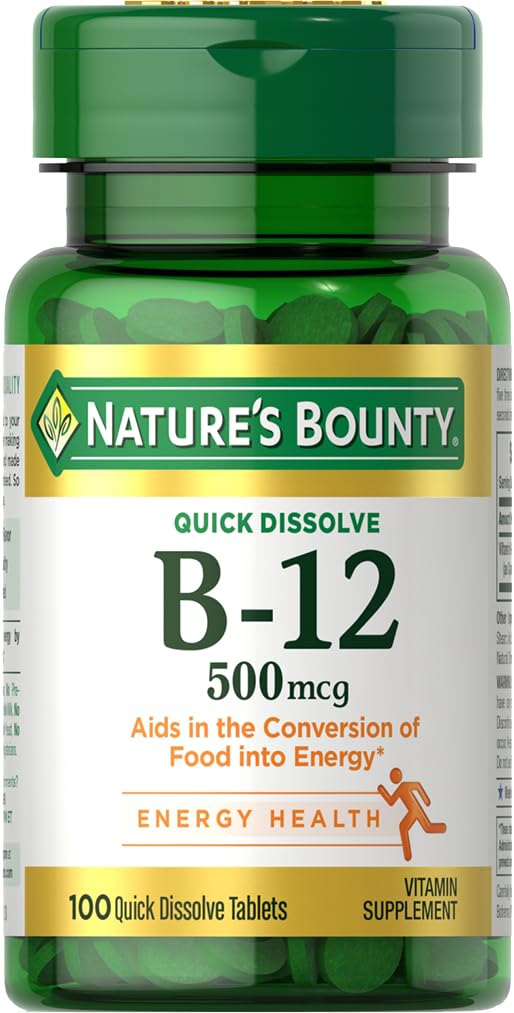 Nature's Bounty B12, empaque frontal, energía diaria fácil de identificar.