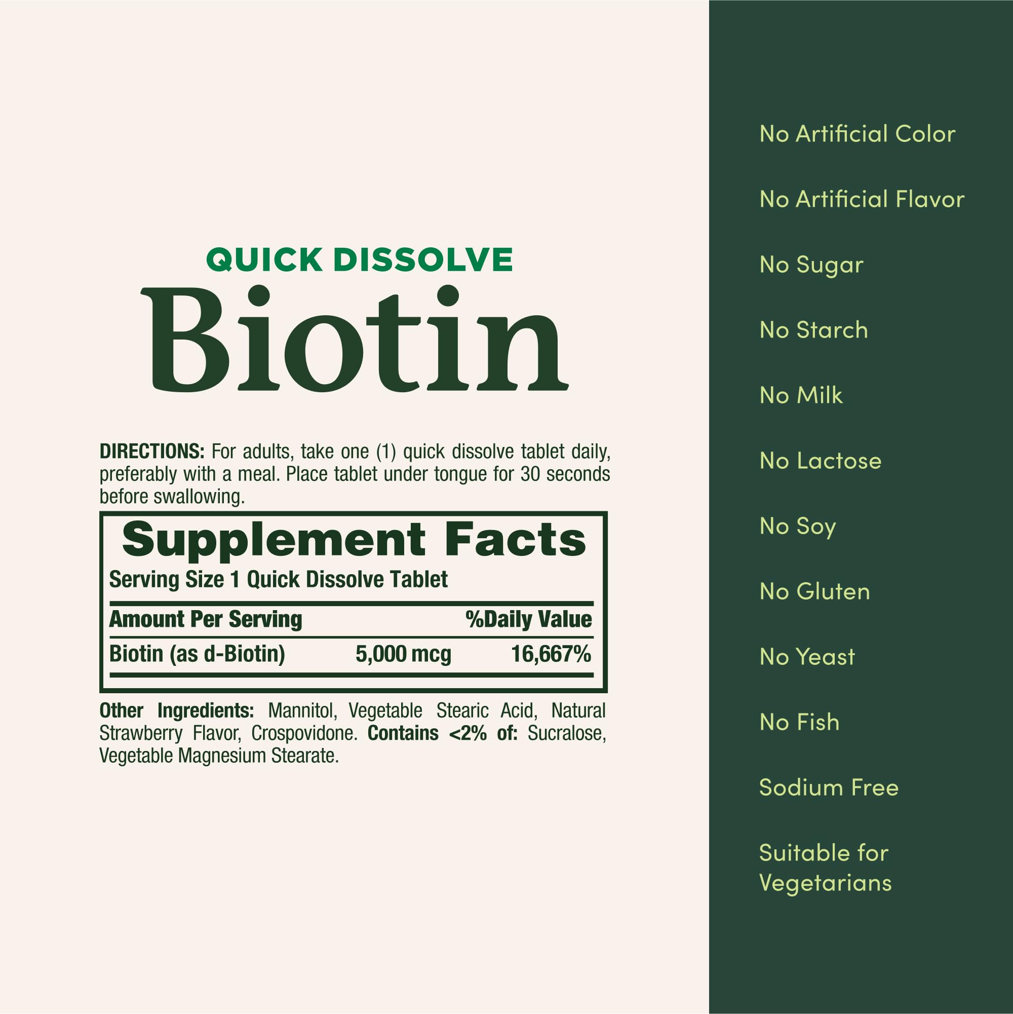 Nature's Bounty Biotina: fórmula libre de gluten, lactosa, soja y sodio.