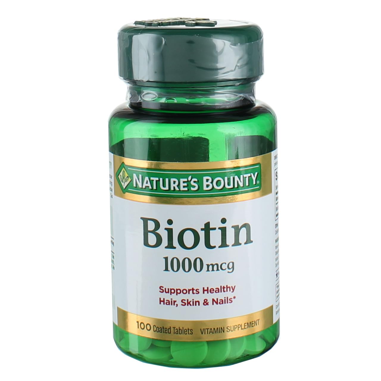Nature's Bounty Biotina recubierta, frasco de 100 comprimidos para uso diario.