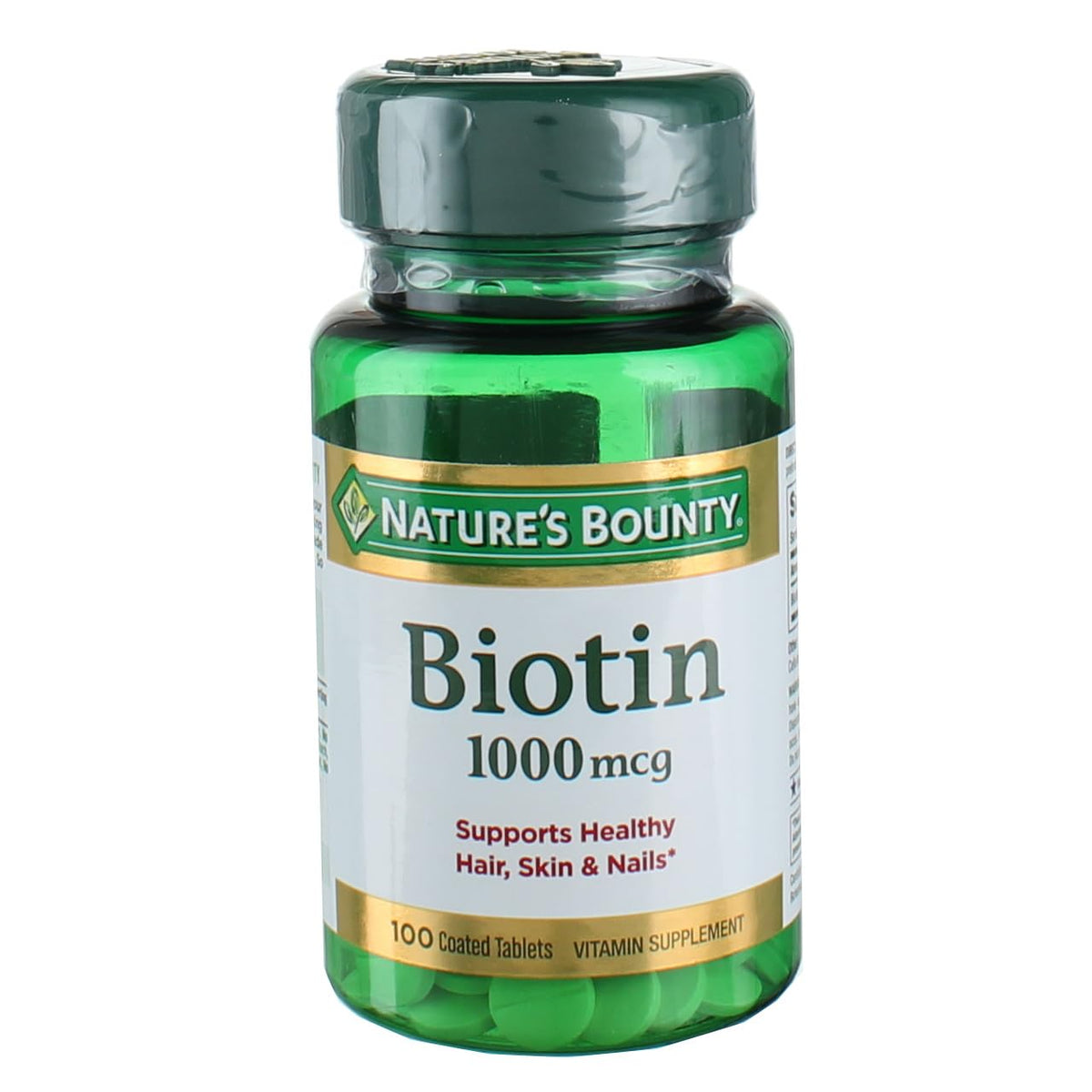 Nature's Bounty Biotina recubierta, frasco de 100 comprimidos para uso diario.