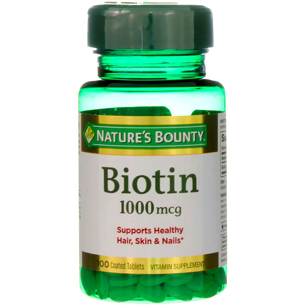 Etiqueta clara de Nature's Bounty Biotina para verificar la dosis.