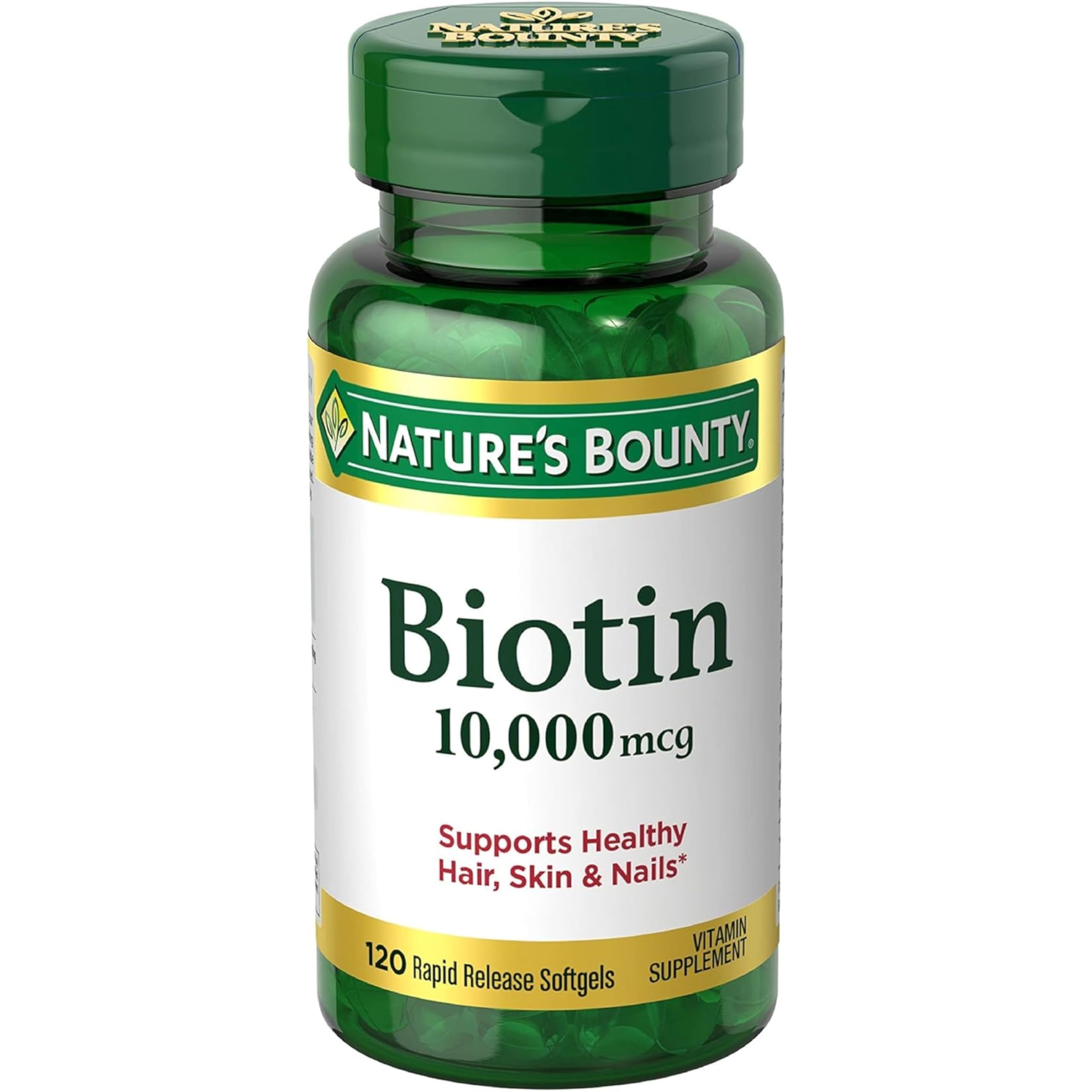 Nature's Bounty Biotina 10000 mcg, botella visible para apoyar cabello y uñas saludables.