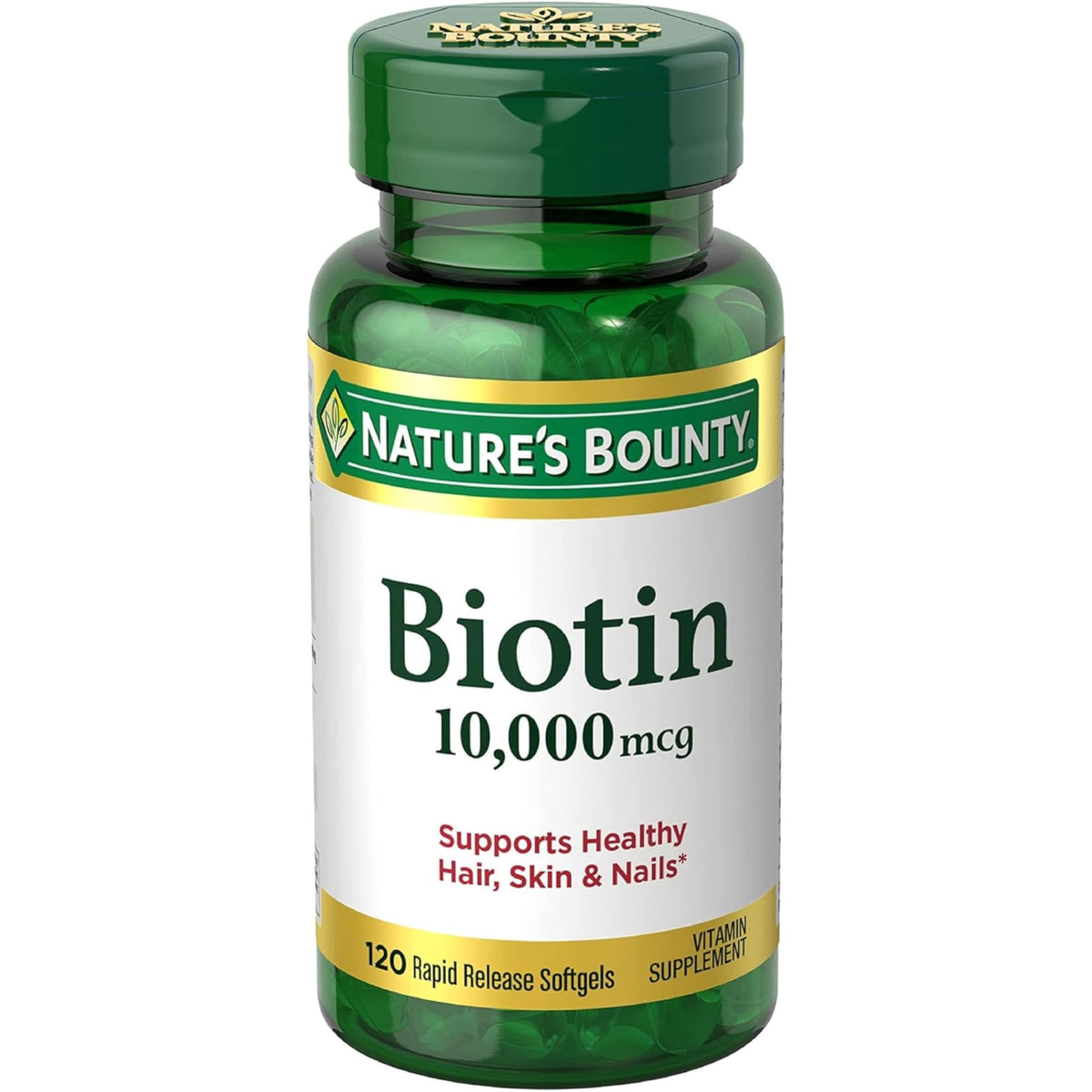 Nature's Bounty Biotina 10000 mcg, botella visible para apoyar cabello y uñas saludables.
