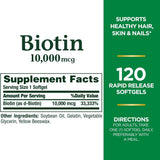 Nature's Bounty Biotina 10000 mcg, cápsulas suaves listas para uso diario.