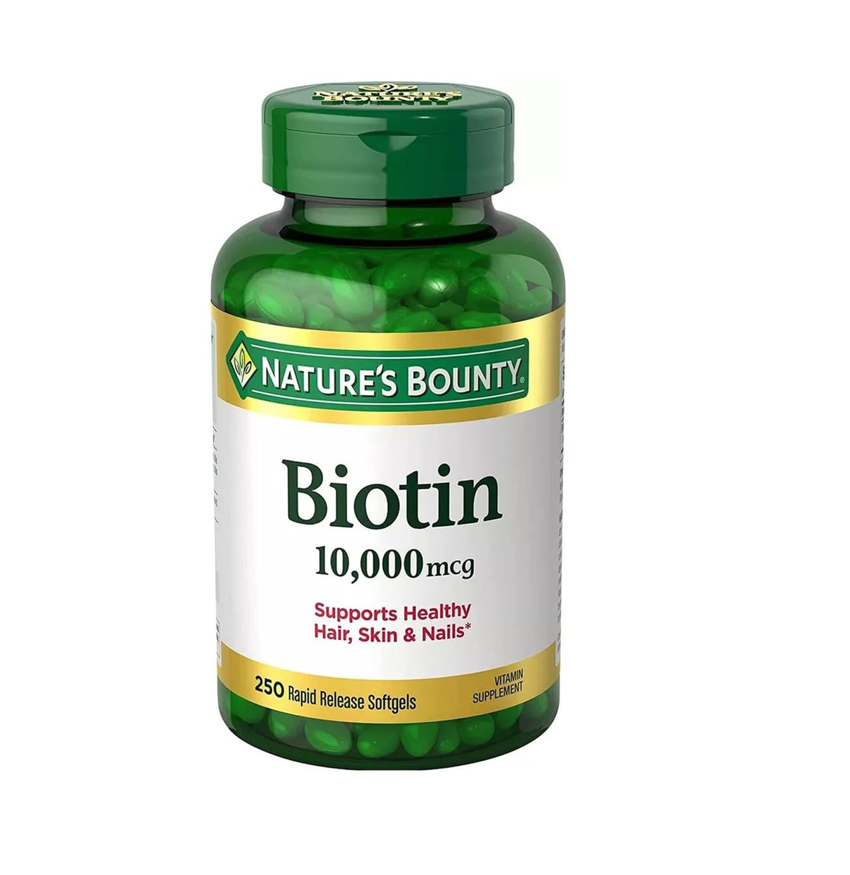 Nature's Bounty Biotina 10000 mcg, cápsulas de liberación rápida para cabello, piel y uñas.