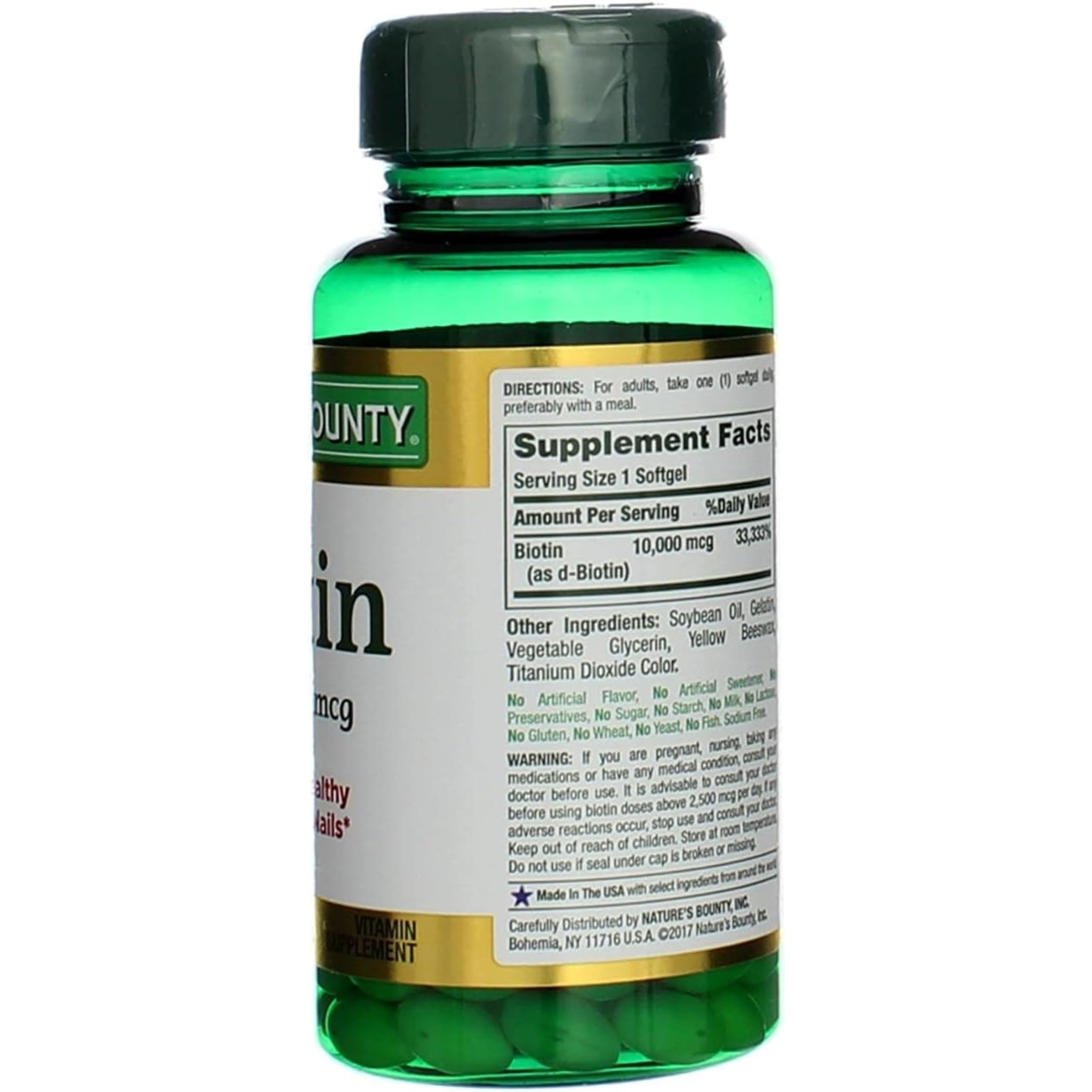 Nature's Bounty Biotina 10000 mcg, enfoque en piel y uñas saludables.
