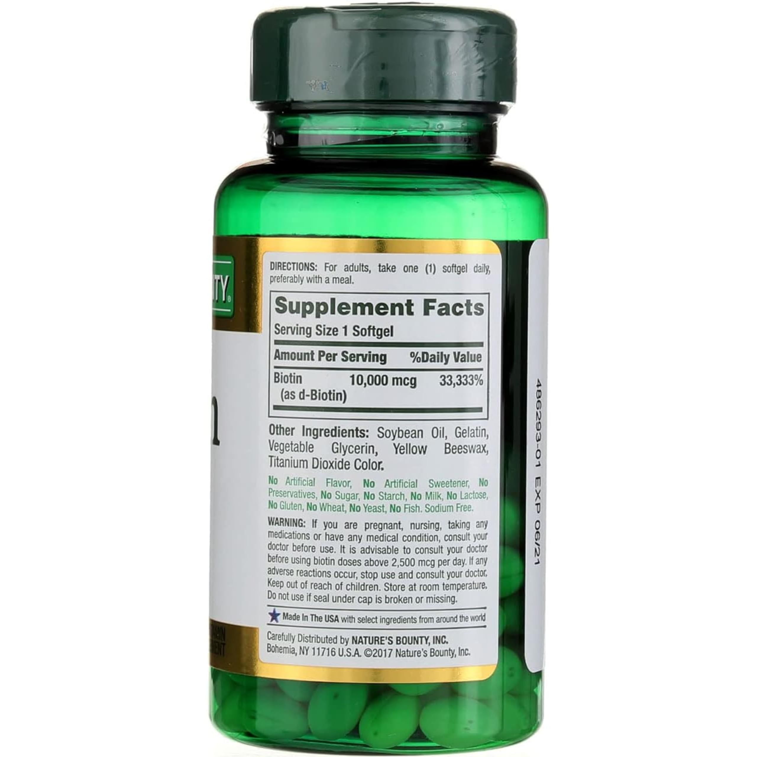 Nature's Bounty Biotina 10000 mcg, presentación de 120 cápsulas.