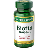 Nature's Bounty Biotina 10000 mcg en envase, apoyo para cabello y uñas.