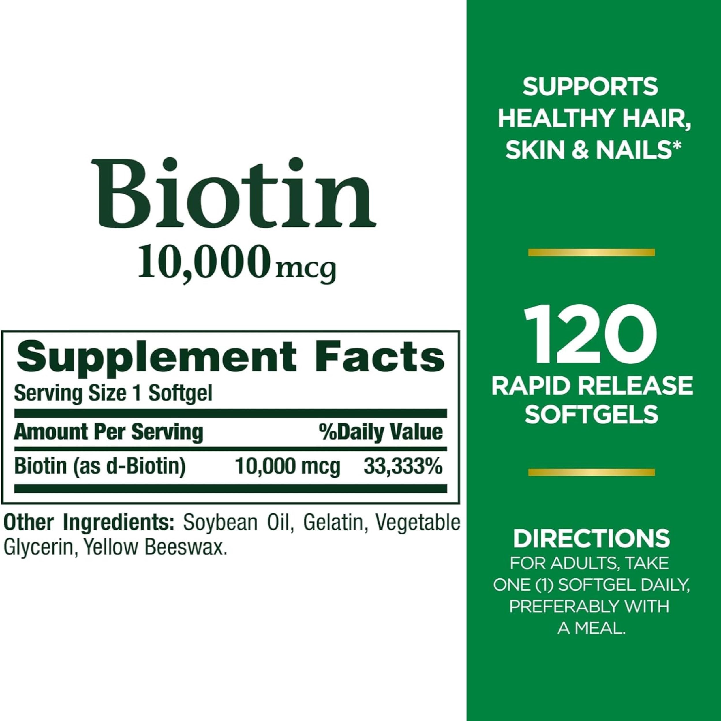 Nature's Bounty Biotina 10000 mcg, etiqueta clara mostrando potencia para cuidado diario.