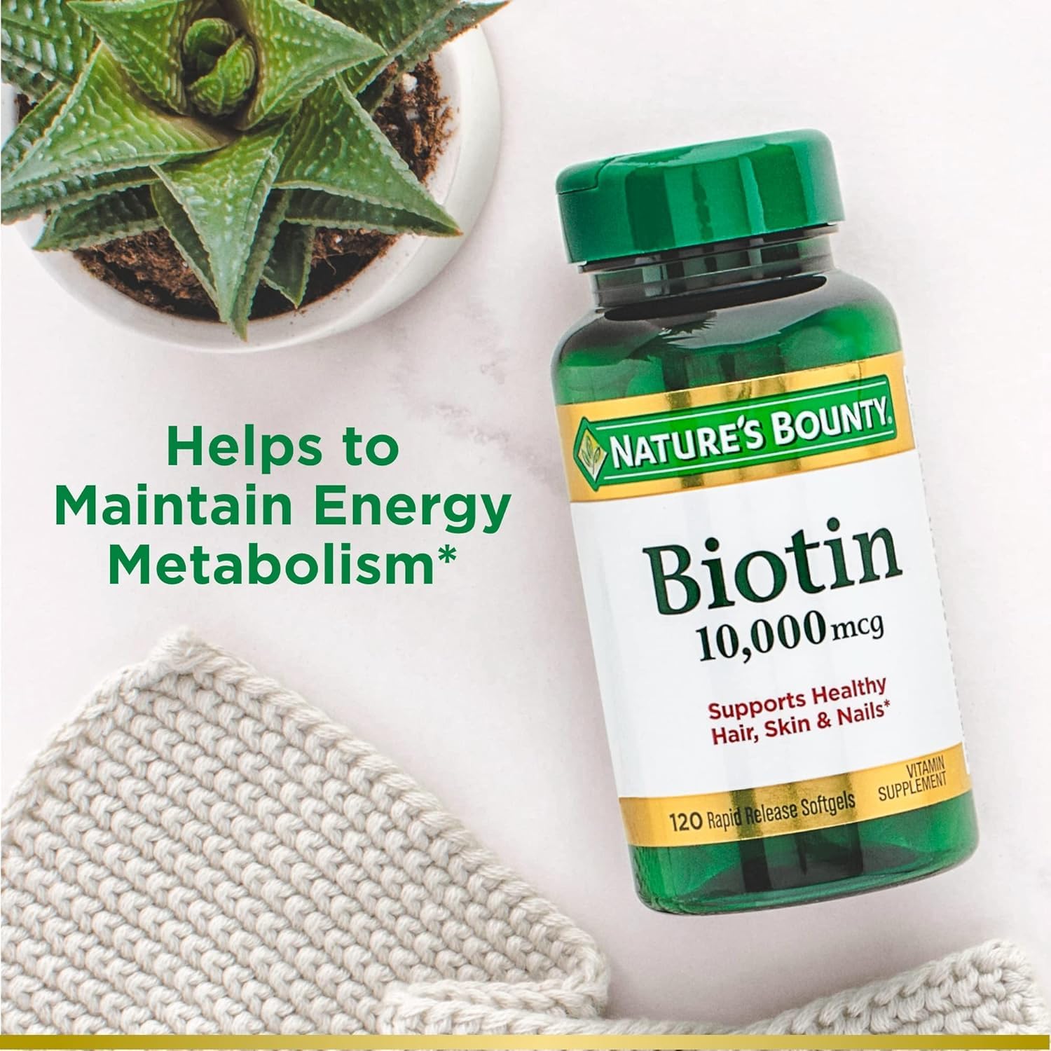 Biotina Nature's Bounty 10000 mcg, cápsulas en primer plano para absorción eficiente.
