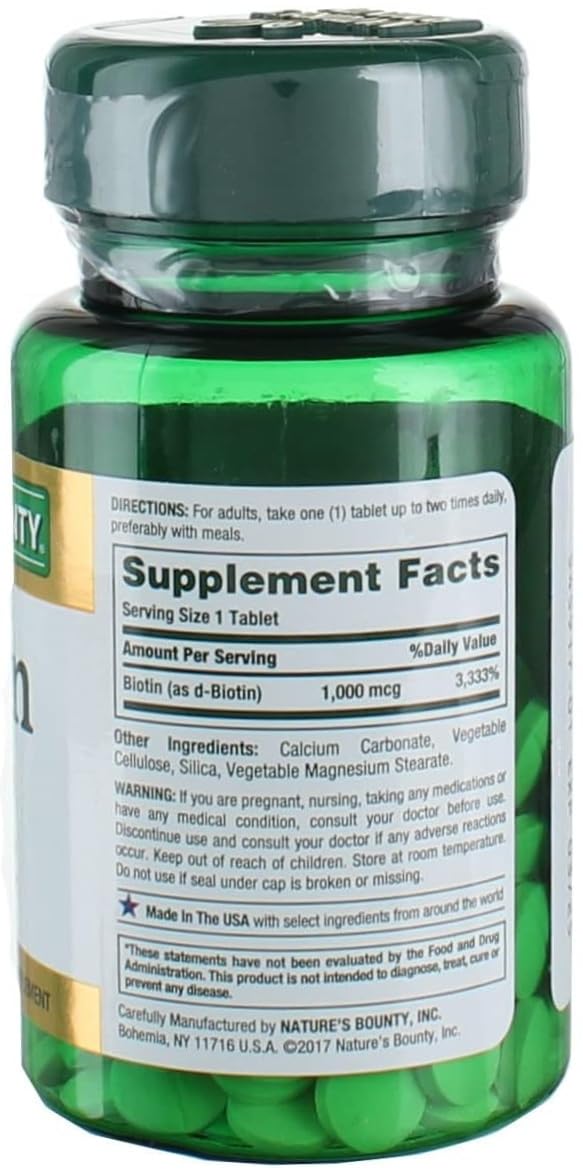 Nature's Bounty Biotina 1000 mcg, tabletas detrás: fácil de incorporar en la rutina