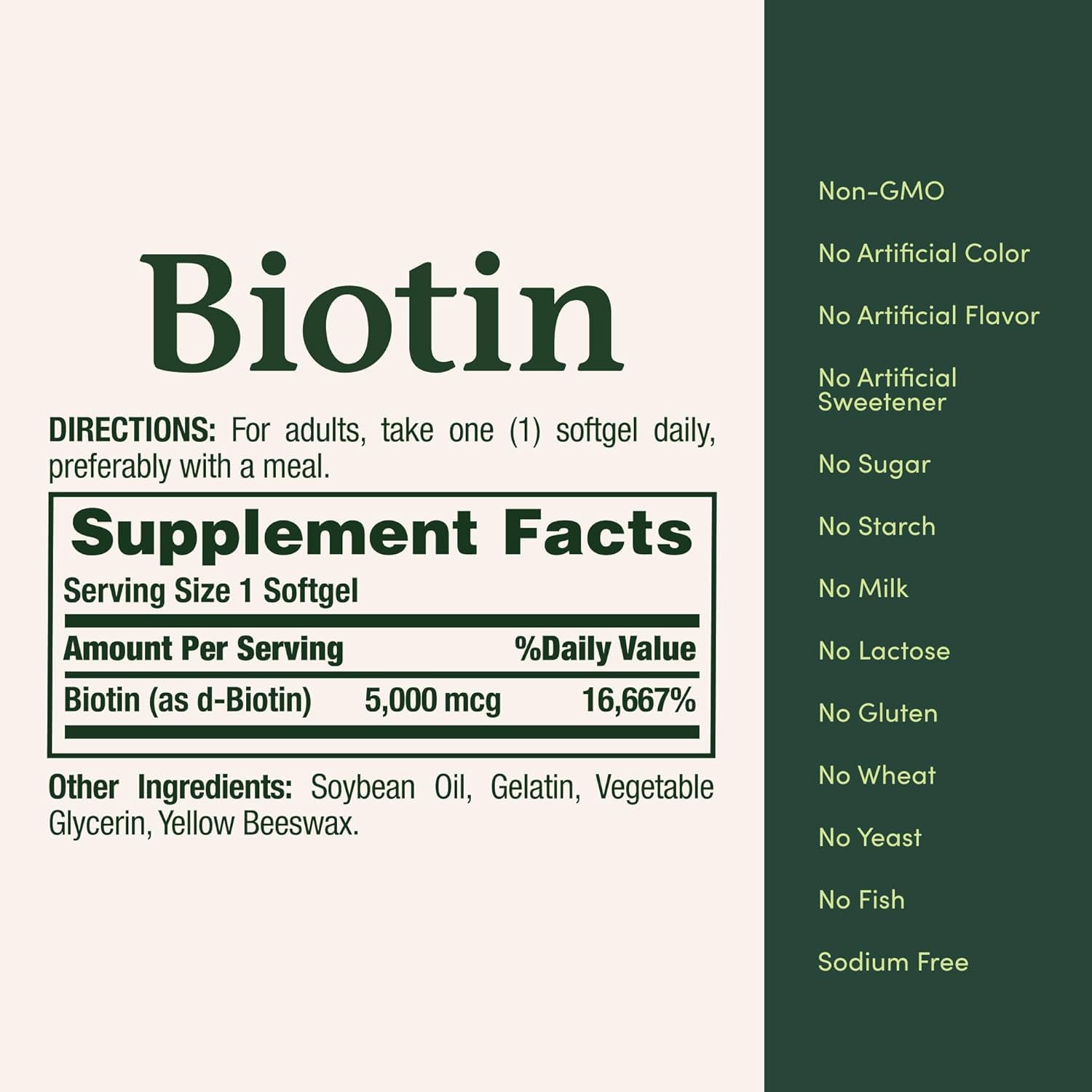Nature's Bounty Biotina 5000 mcg: etiqueta de producto con beneficios destacados