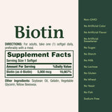 Nature's Bounty Biotina 5000 mcg: etiqueta de producto con beneficios destacados