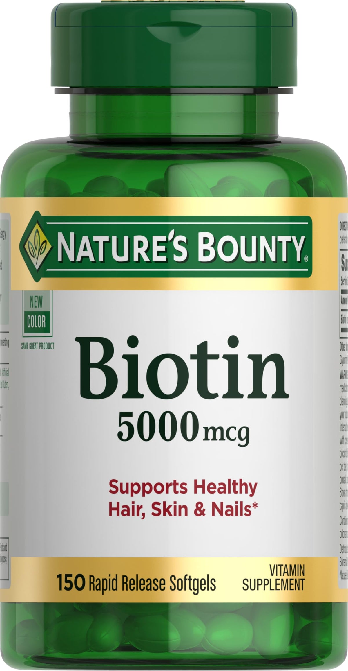 Nature's Bounty Biotina, botella con liberación rápida para cabello saludable.