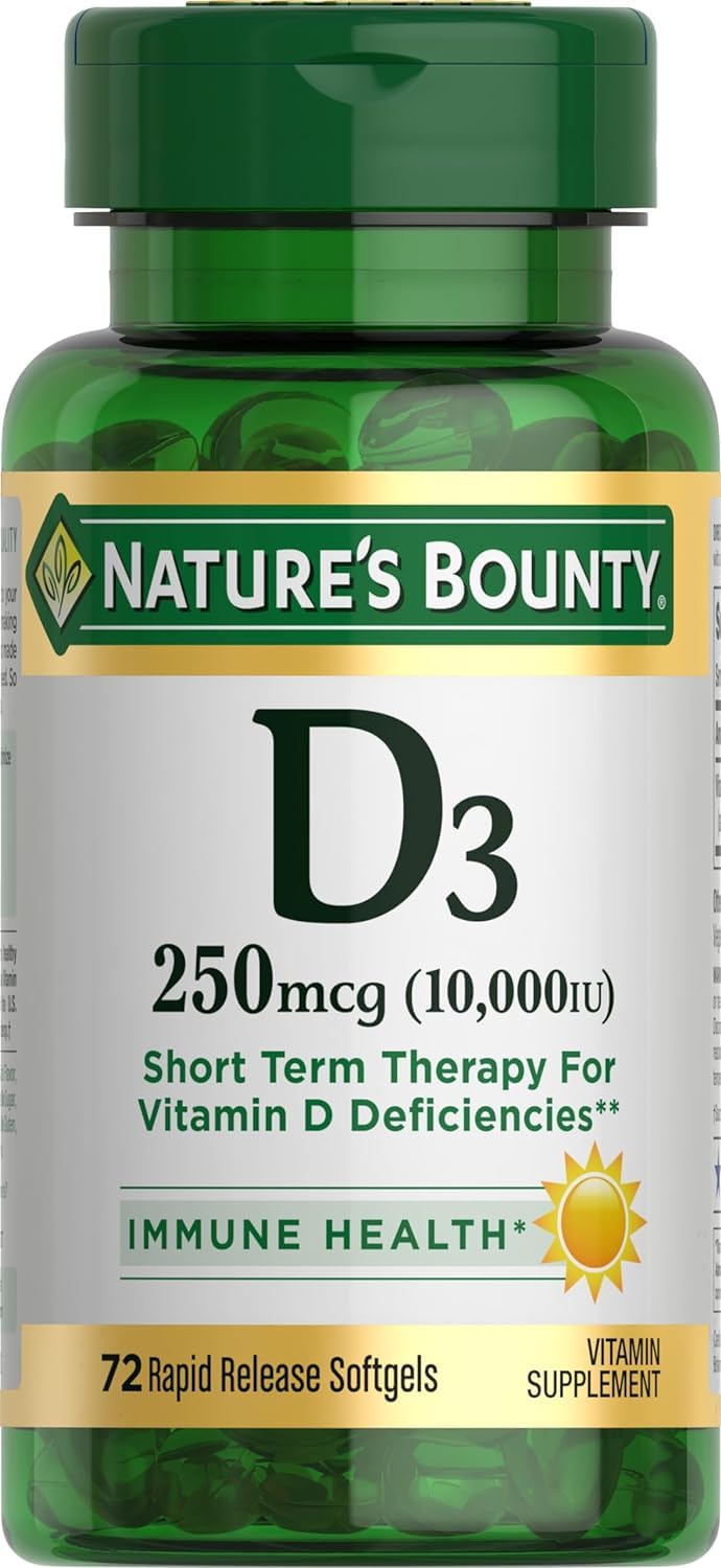 Nature's Bounty cápsulas suaves D3 10.000 UI en caja, uso diario recomendado.