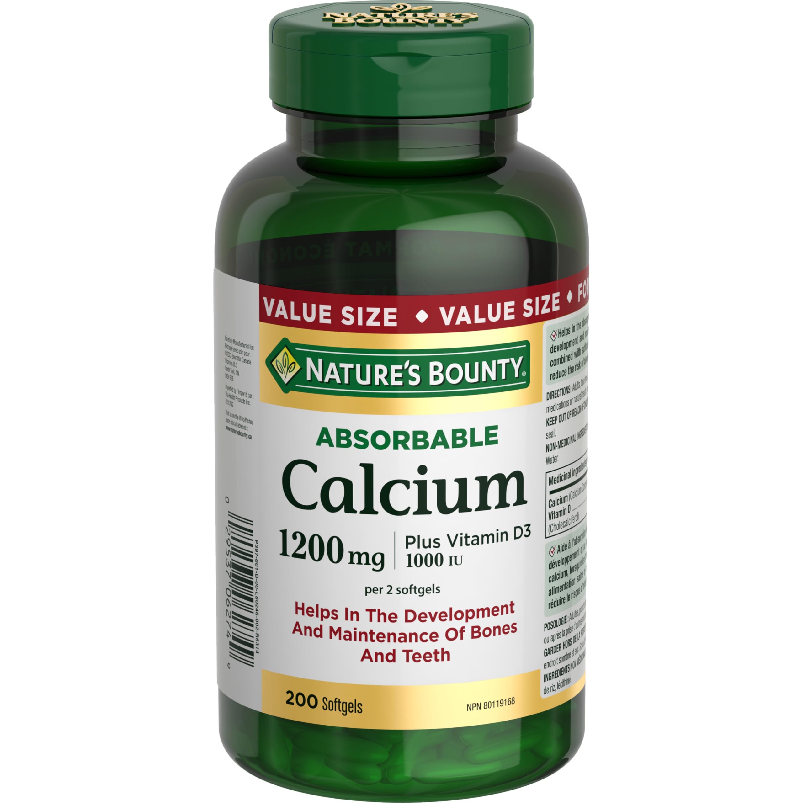 Nature's Bounty calcio absorbible 1200mg con D3 1000UI, cápsulas suaves para uso diario.