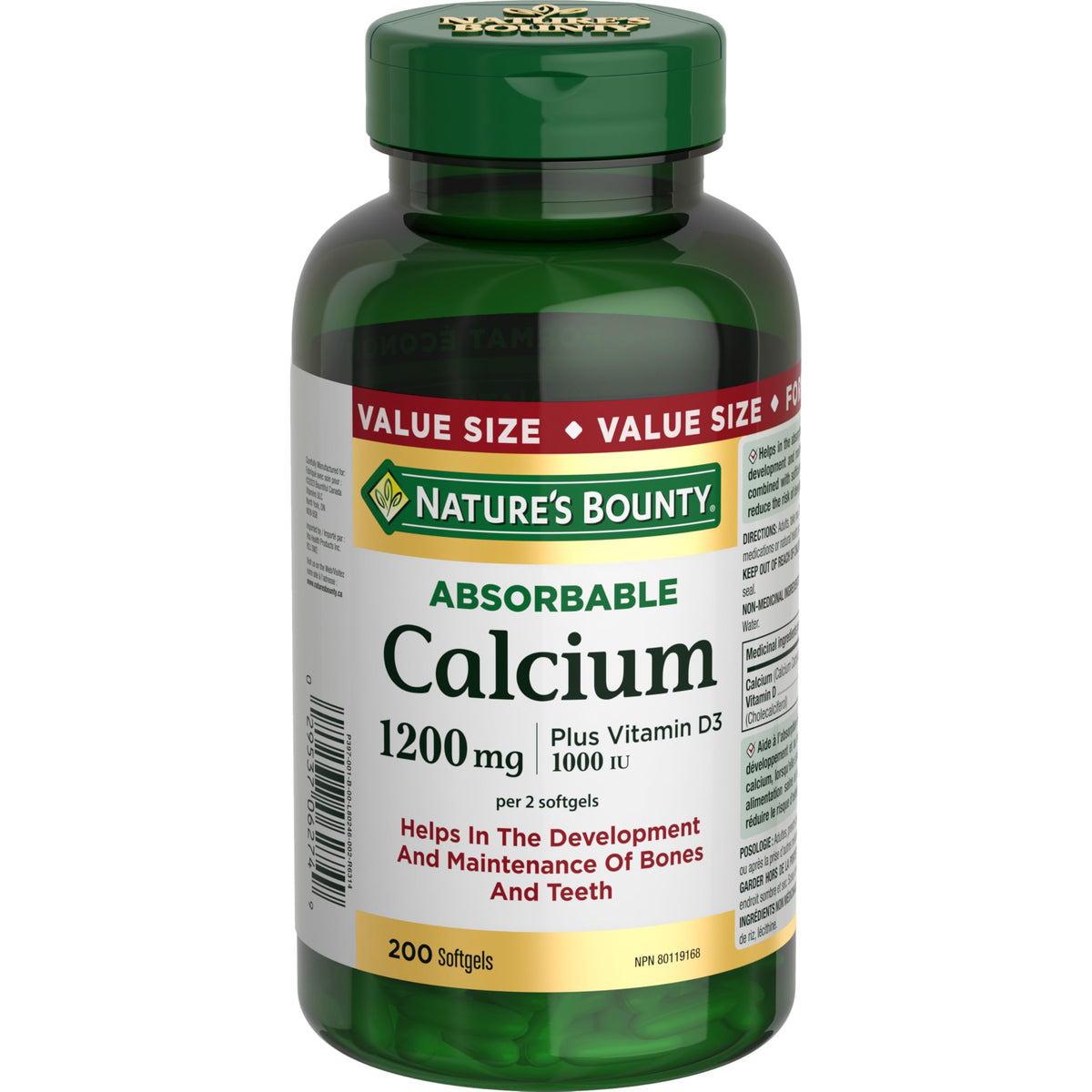 Nature's Bounty calcio absorbible 1200mg con D3 1000UI, cápsulas suaves para uso diario.