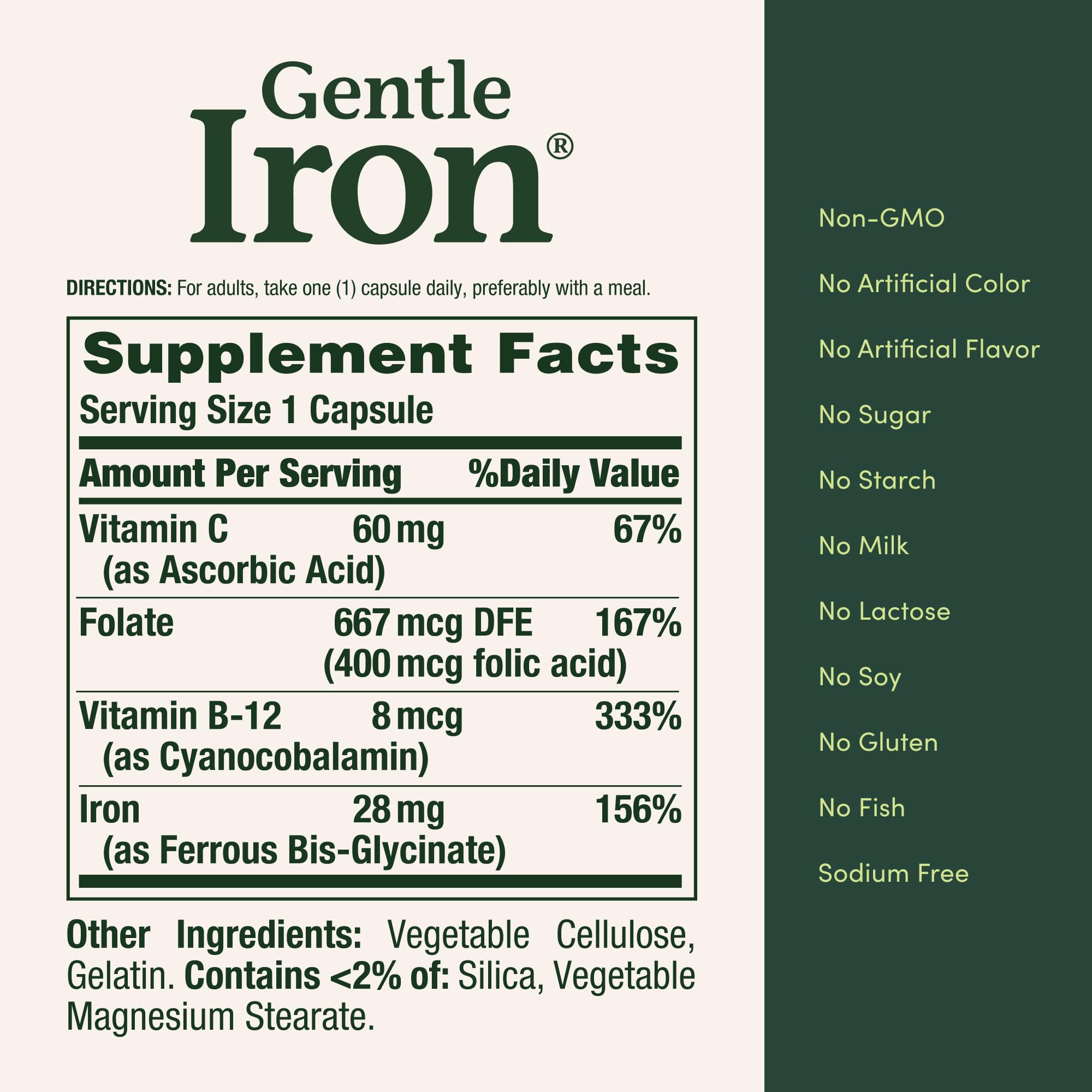 Nature's Bounty Hierro suave, cápsulas de 28 mg para aporte diario.