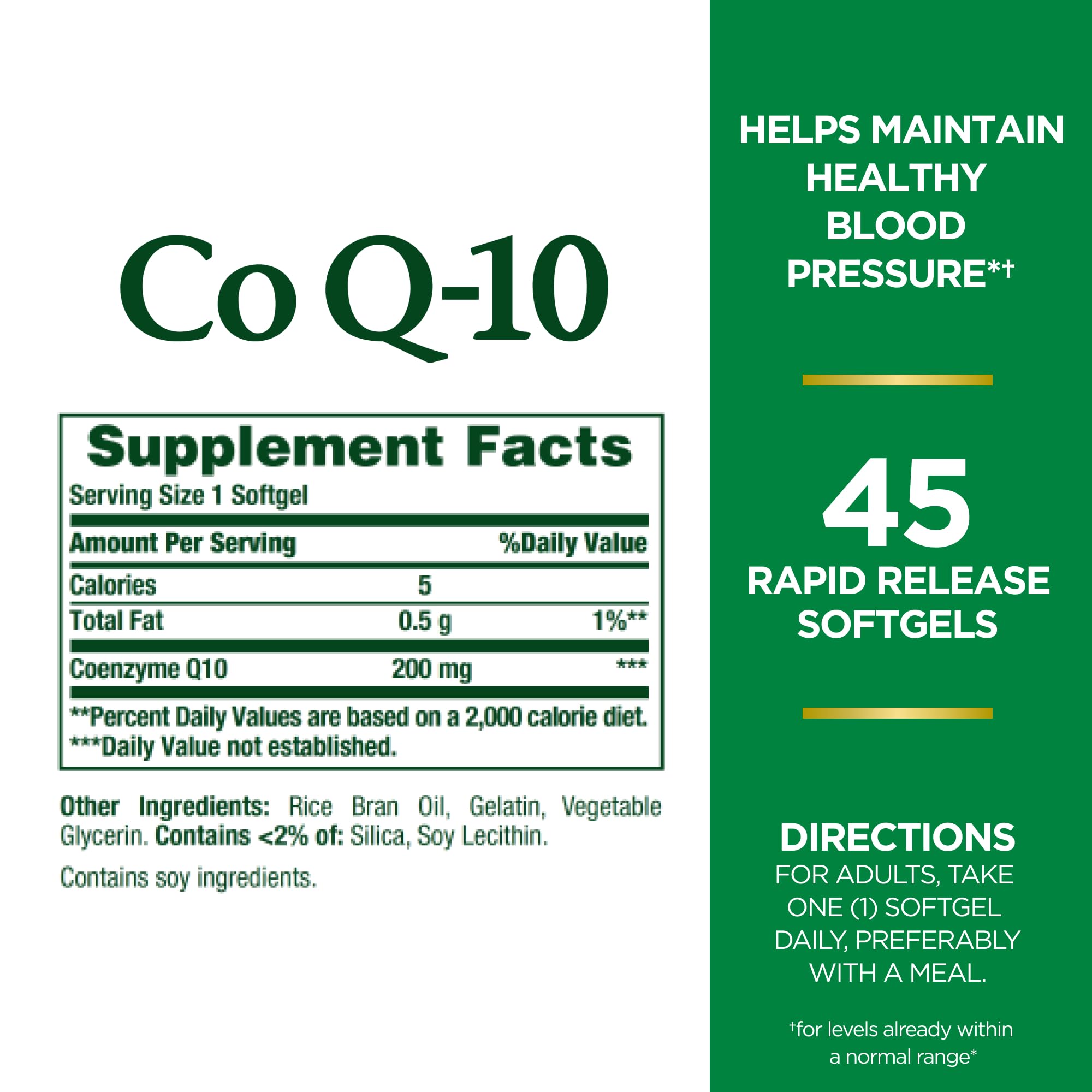 Nature's Bounty CoQ10, etiqueta con información sobre beneficios cardíacos.