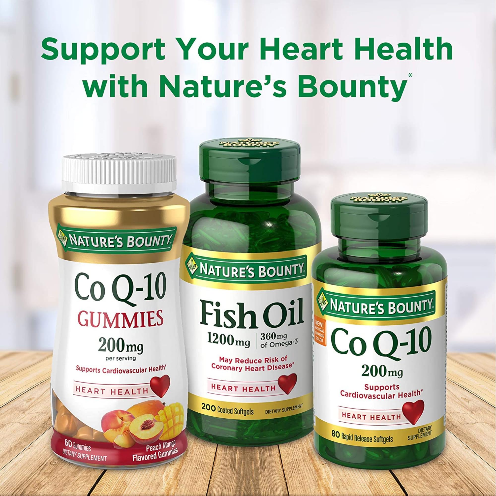 Nature's Bounty CoQ10, frasco sobre mesa para uso diario.