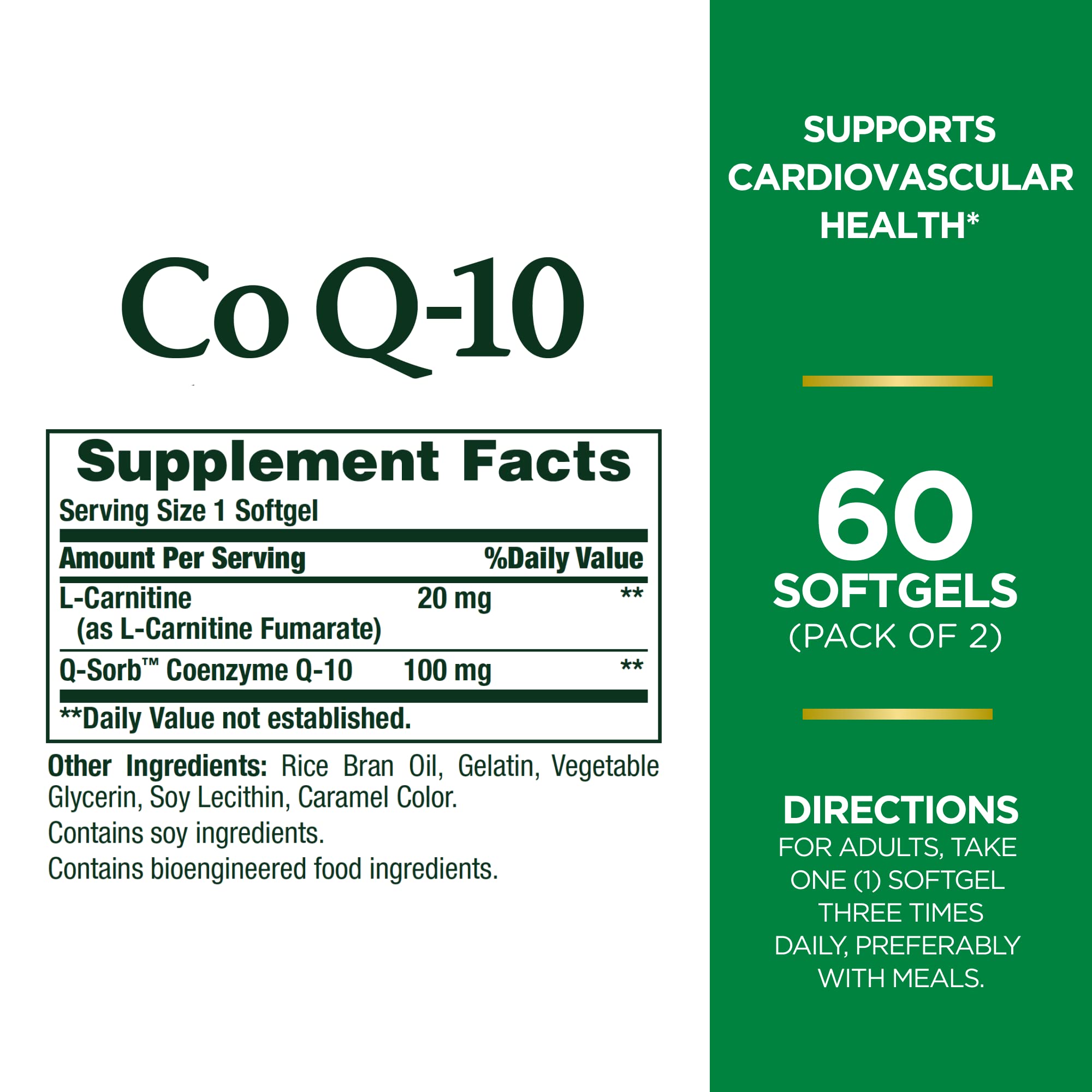 Nature's Bounty CoQ10 L-Carnitina etiqueta visible facilita identificar beneficios