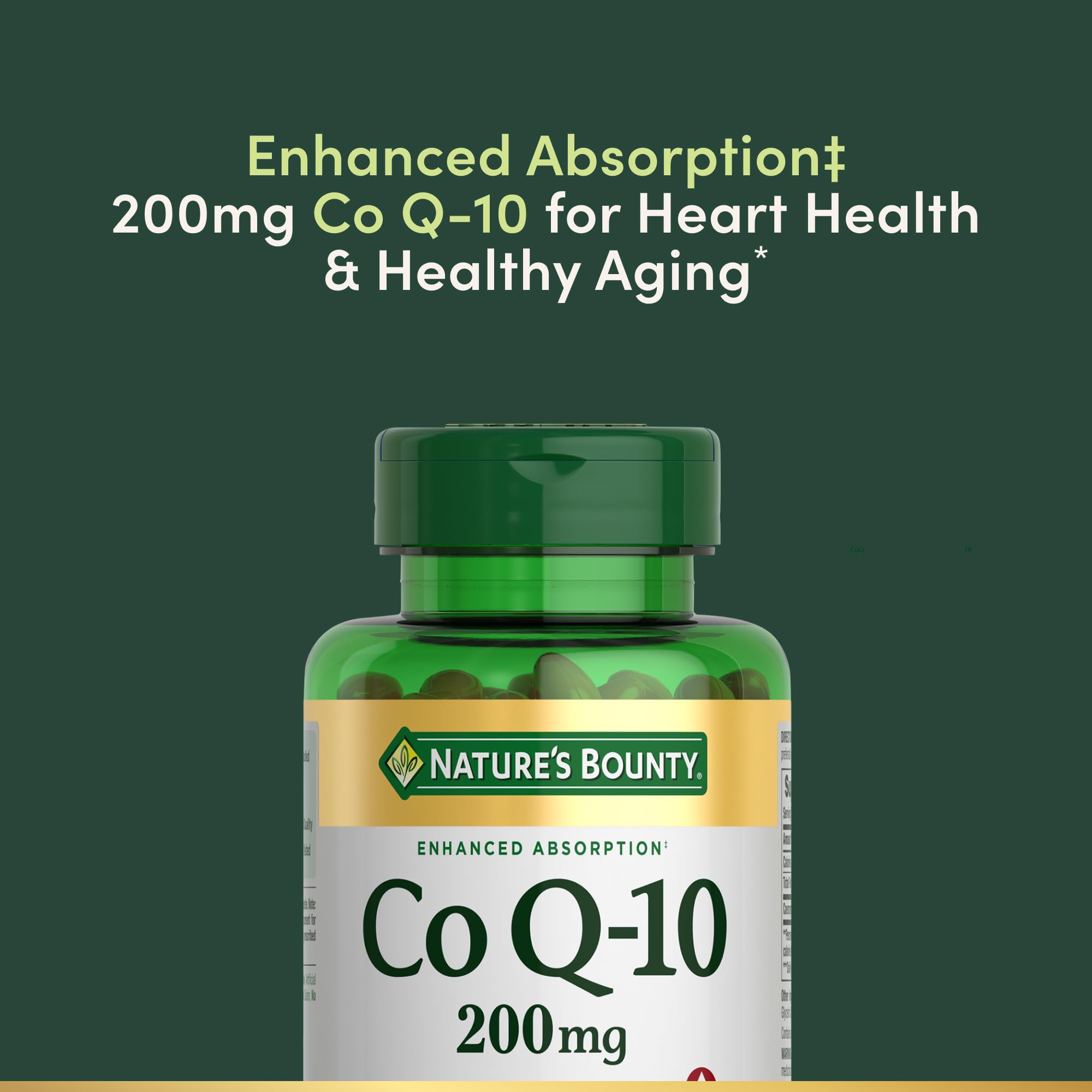 Frasco Nature's Bounty CoQ10 mostrando su tecnología Q-Sorb para mayor absorción