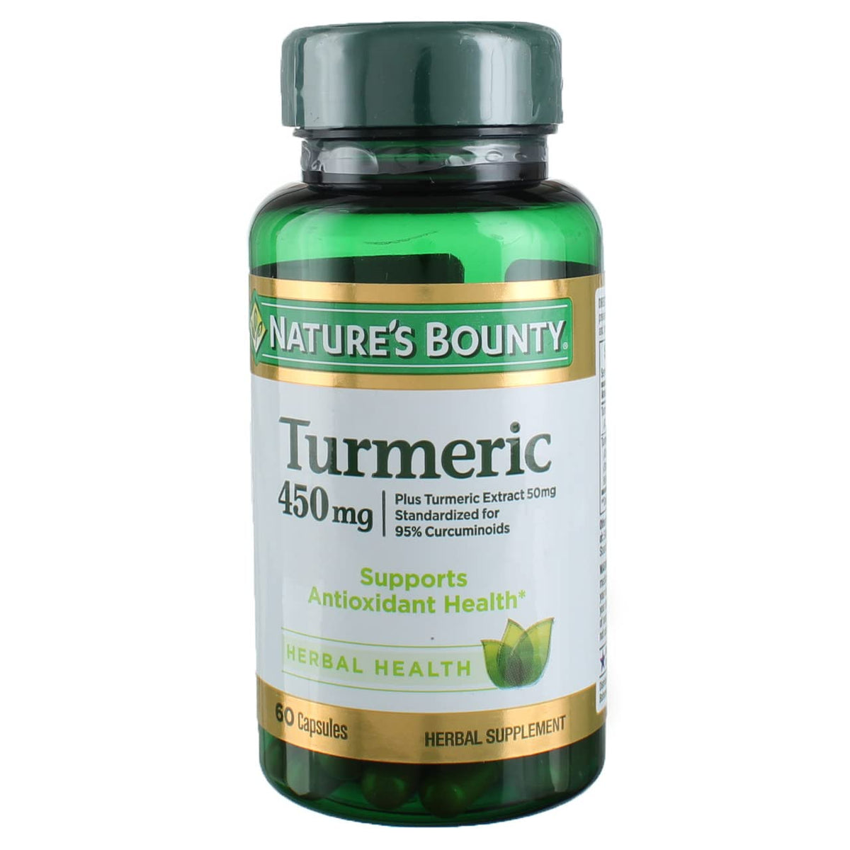 Nature's Bounty Cúrcuma 450 mg cápsulas, frasco de 60 cápsulas, uso diario conveniente.