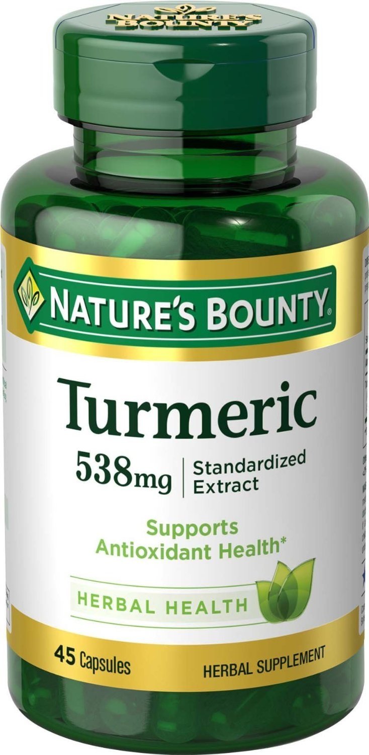 Nature's Bounty Curcuma 538 mg, cápsulas color ámbar, uso diario con comida para hábitos saludables