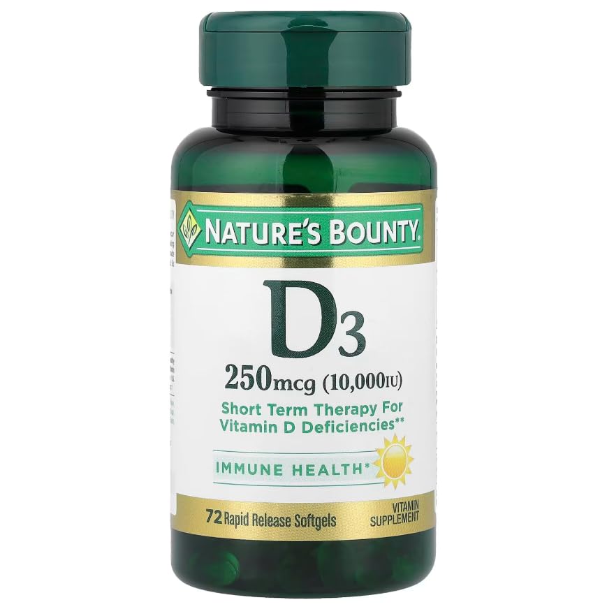 Nature's Bounty D3 cápsulas blandas detalle, liberación rápida para absorción eficiente.