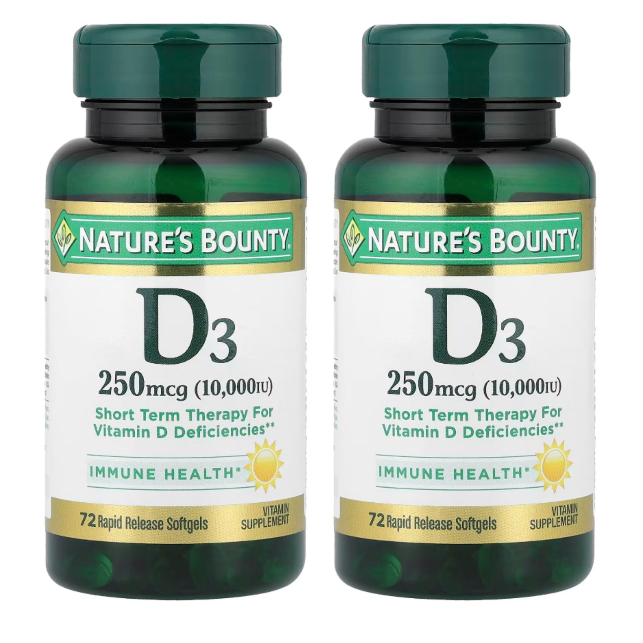 Nature's Bounty D3 cápsulas blandas frentes, apoya la salud ósea y fácil de tragar.