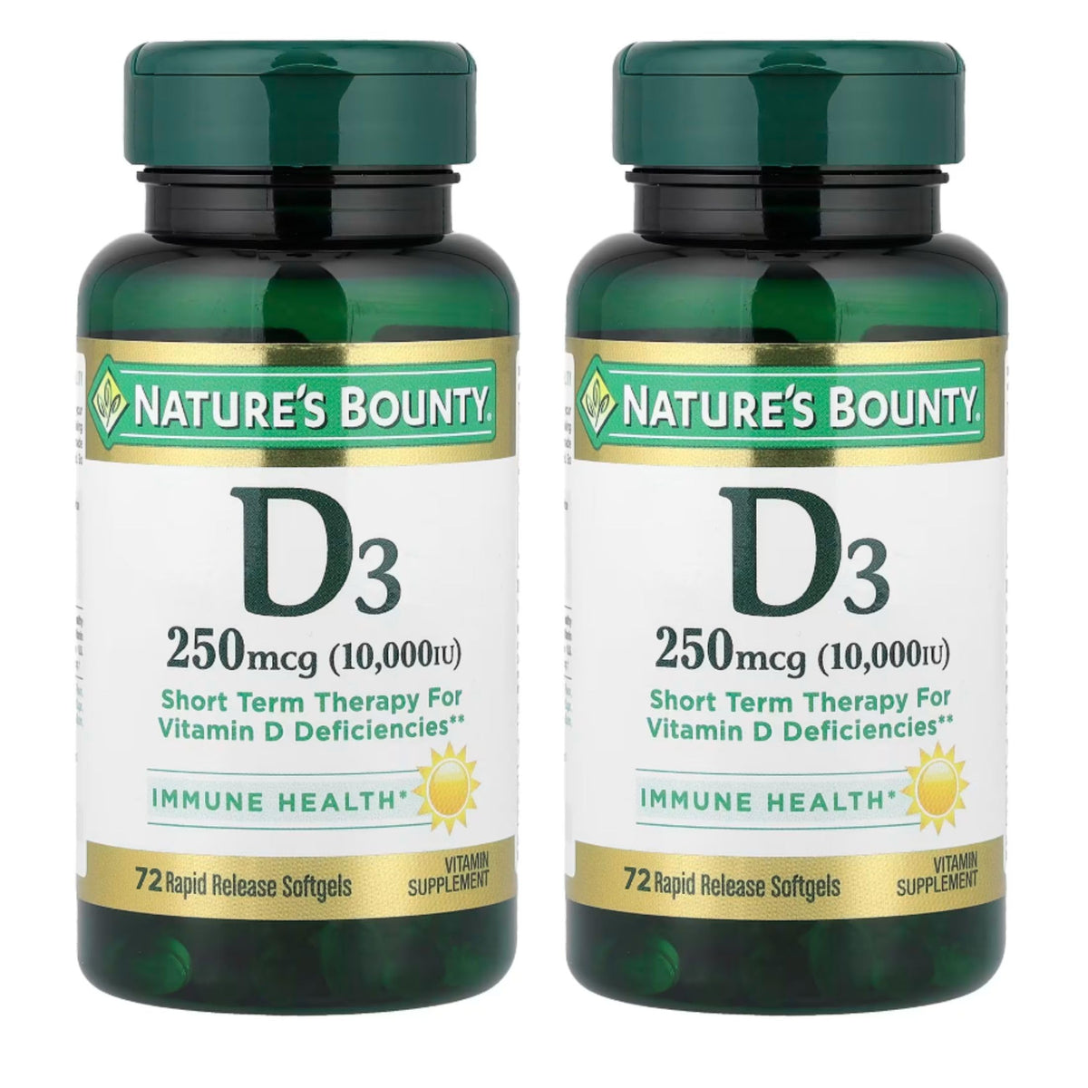 Nature's Bounty D3 cápsulas blandas frentes, apoya la salud ósea y fácil de tragar.