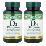 Nature's Bounty D3 cápsulas blandas frentes, apoya la salud ósea y fácil de tragar.