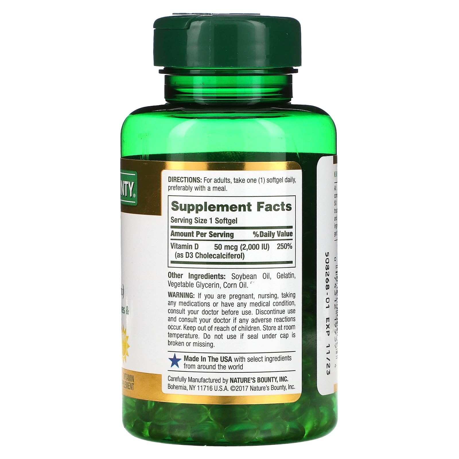 Nature's Bounty D3-2000 UI, bote de 240 softgeles, ideal para uso diario y salud general.