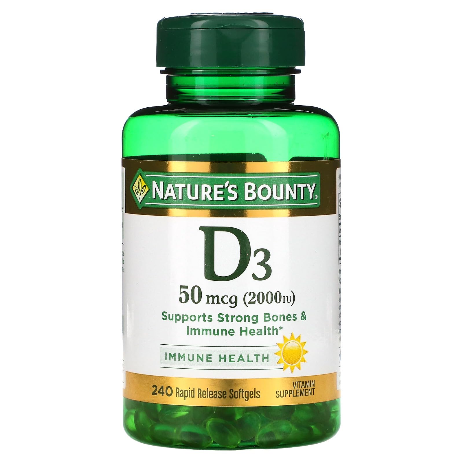Nature's Bounty D3-2000 UI, presentación de 240 softgeles para huesos fuertes y bienestar general.