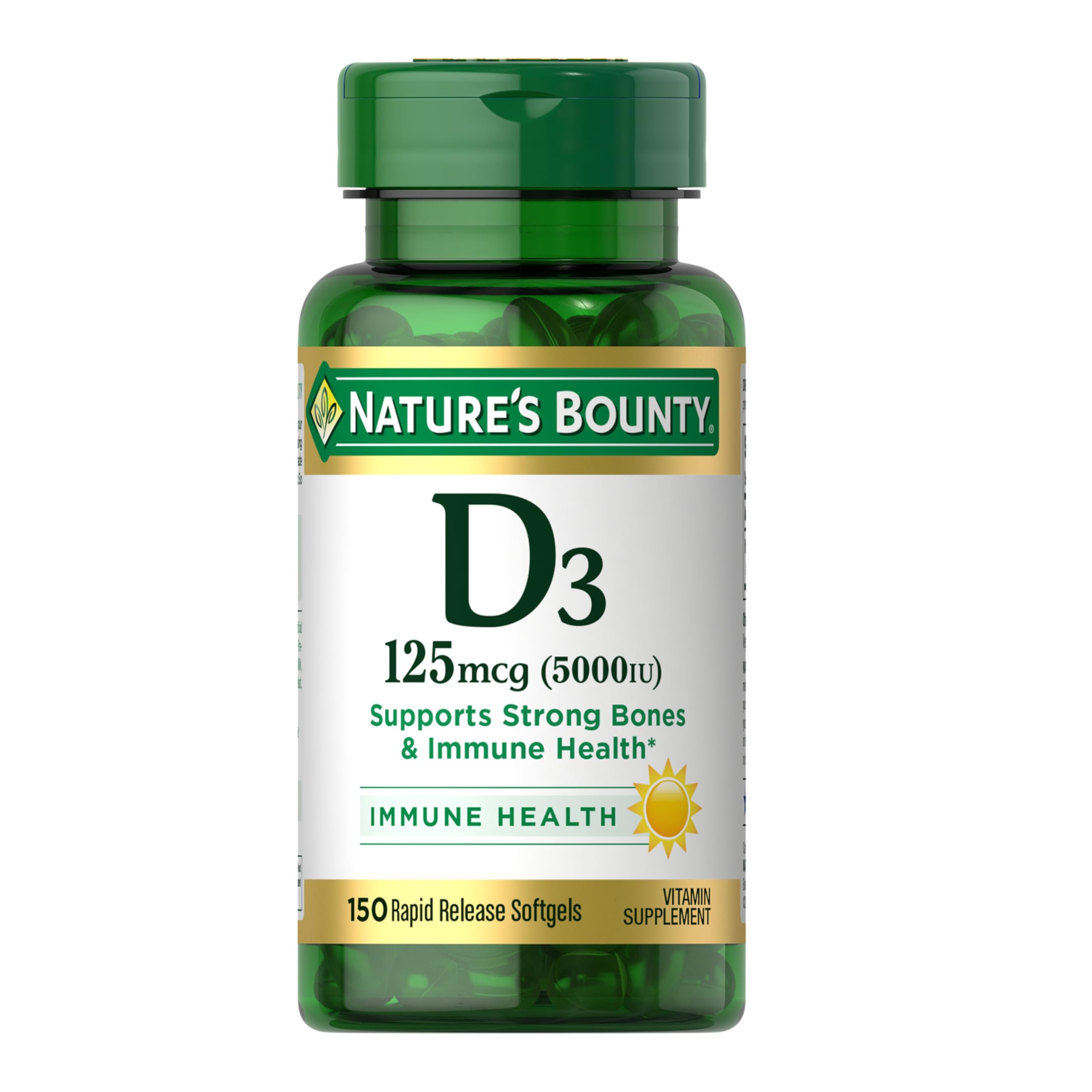 Nature's Bounty D3 5000, botella con cápsulas suaves y apoyo inmune.