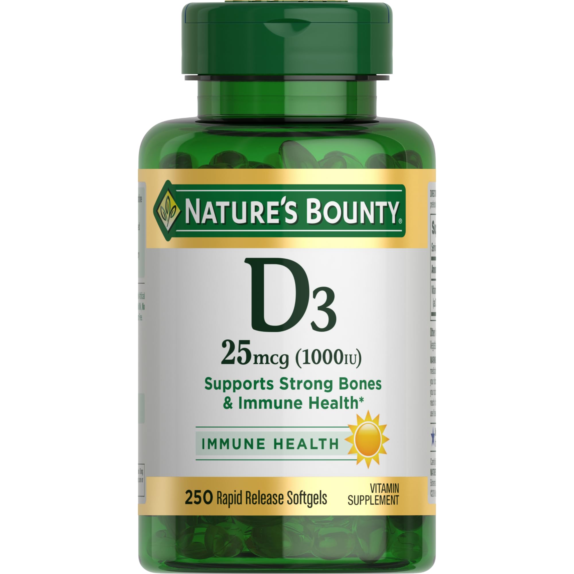 Nature’s Bounty Vitamina D3 en botella, apoyo inmunológico diario potente.