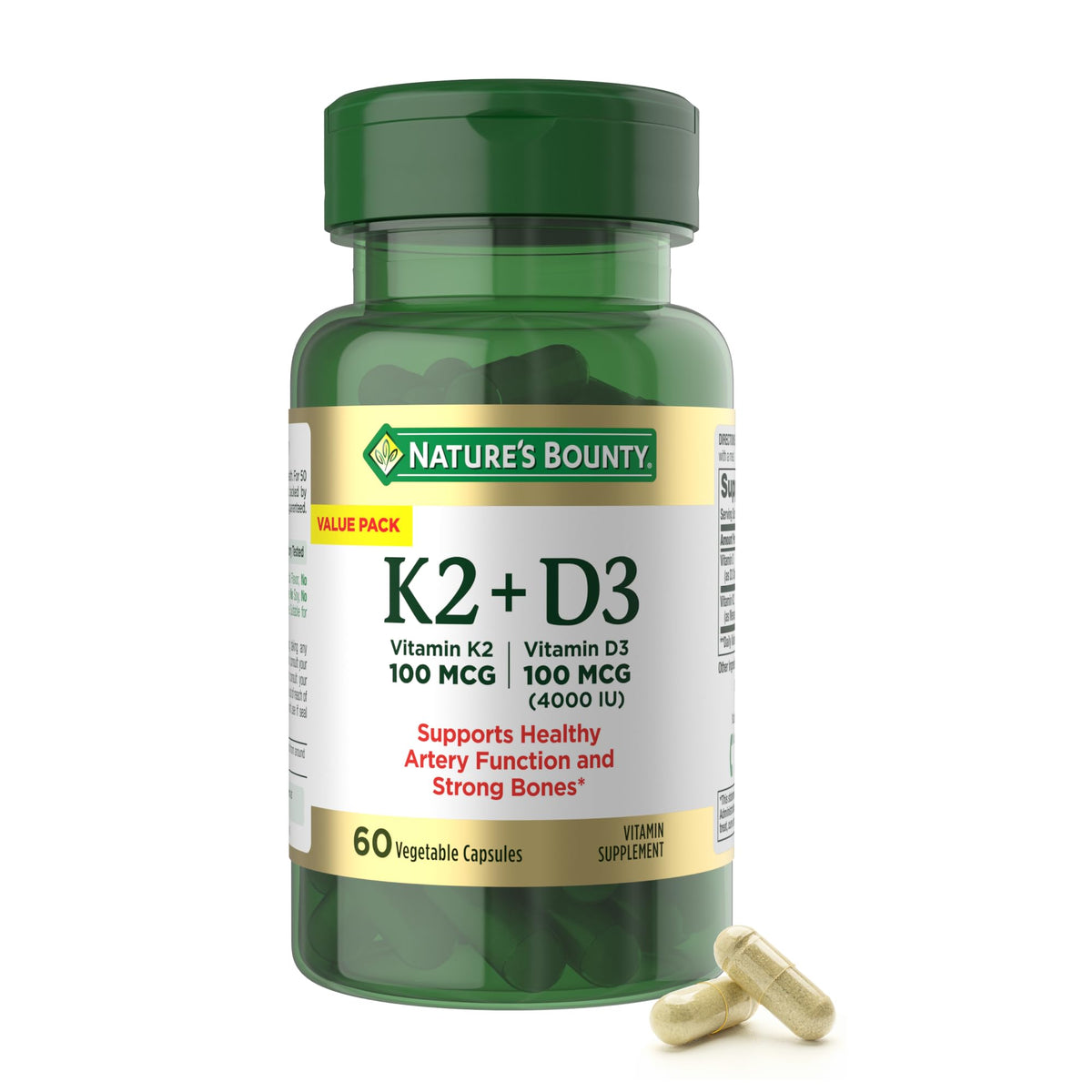 Nature's Bounty D3 K2 cápsulas de 60, posible apoyo a huesos e inmunidad
