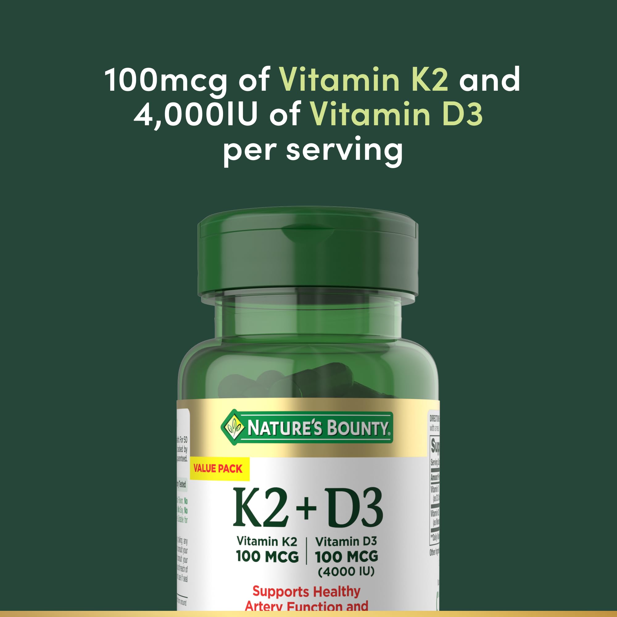 Nature's Bounty D3 K2, etiqueta informativa con dosis y beneficios