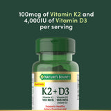 Nature's Bounty D3 K2, etiqueta informativa con dosis y beneficios