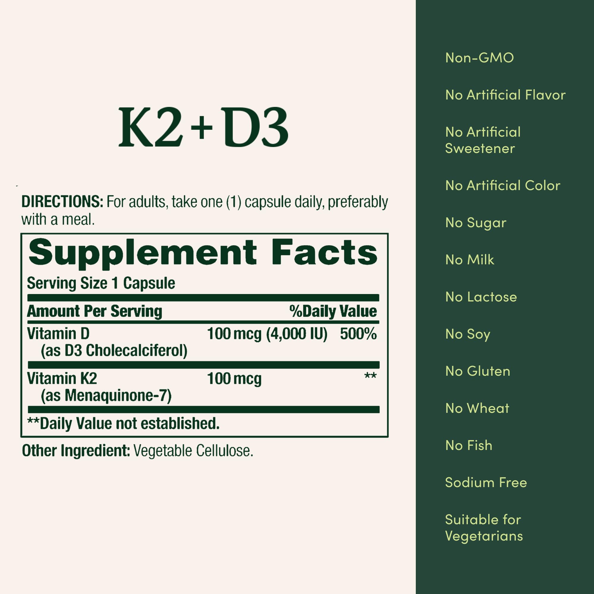 Nature's Bounty D3 K2, ingredientes sin gluten para dietas